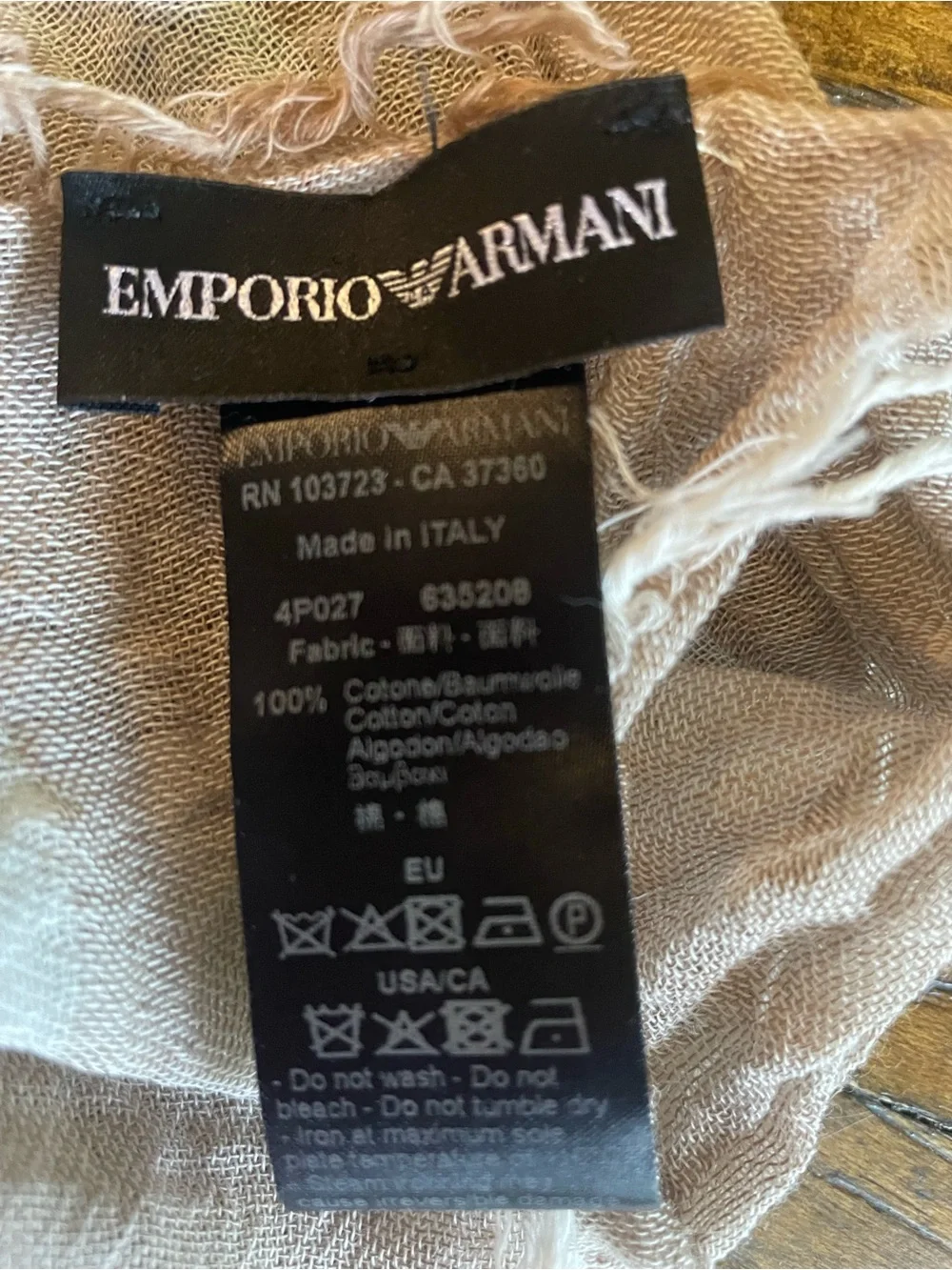 Emporio Armani 100% Cotton Pink and Beige Lightweight Fringe Scarf Made in Italy